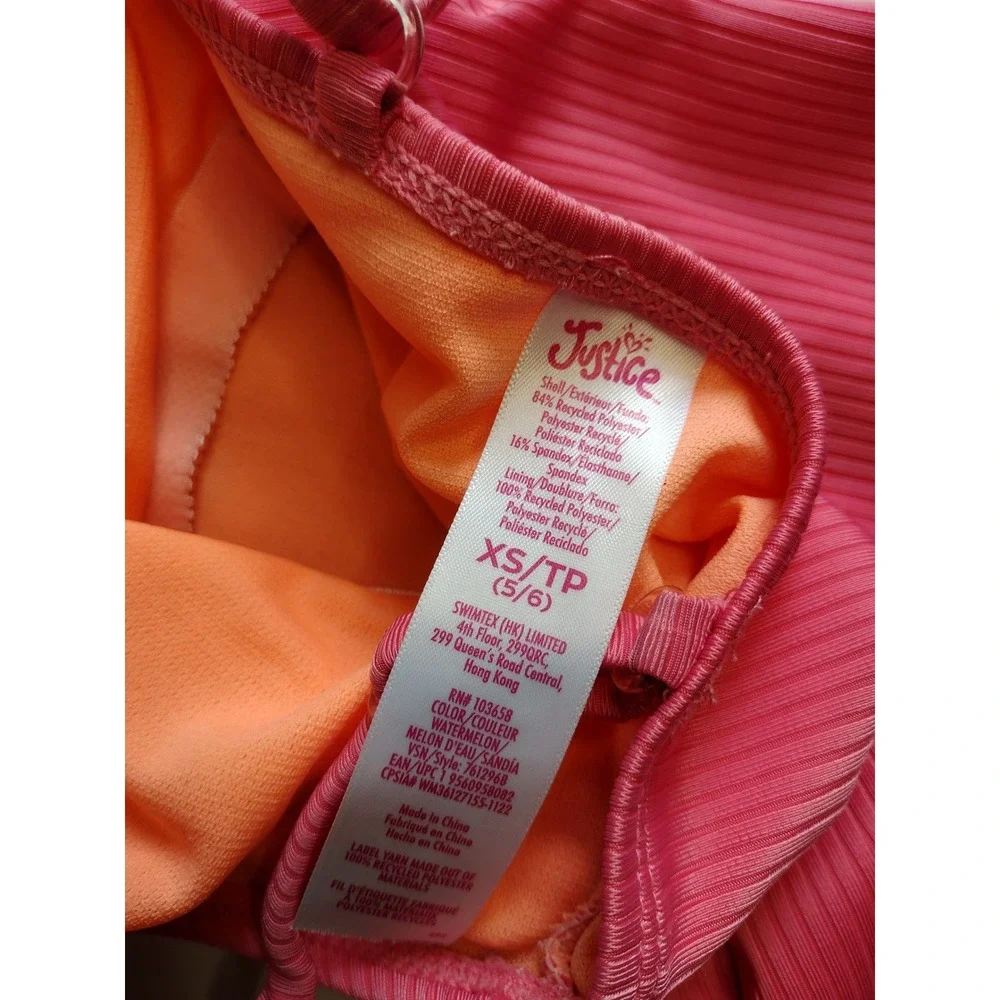 Justice Surf Girls One Piece Swimsuit Watermelon Pink Ribbed Graphic Size XS 5/6